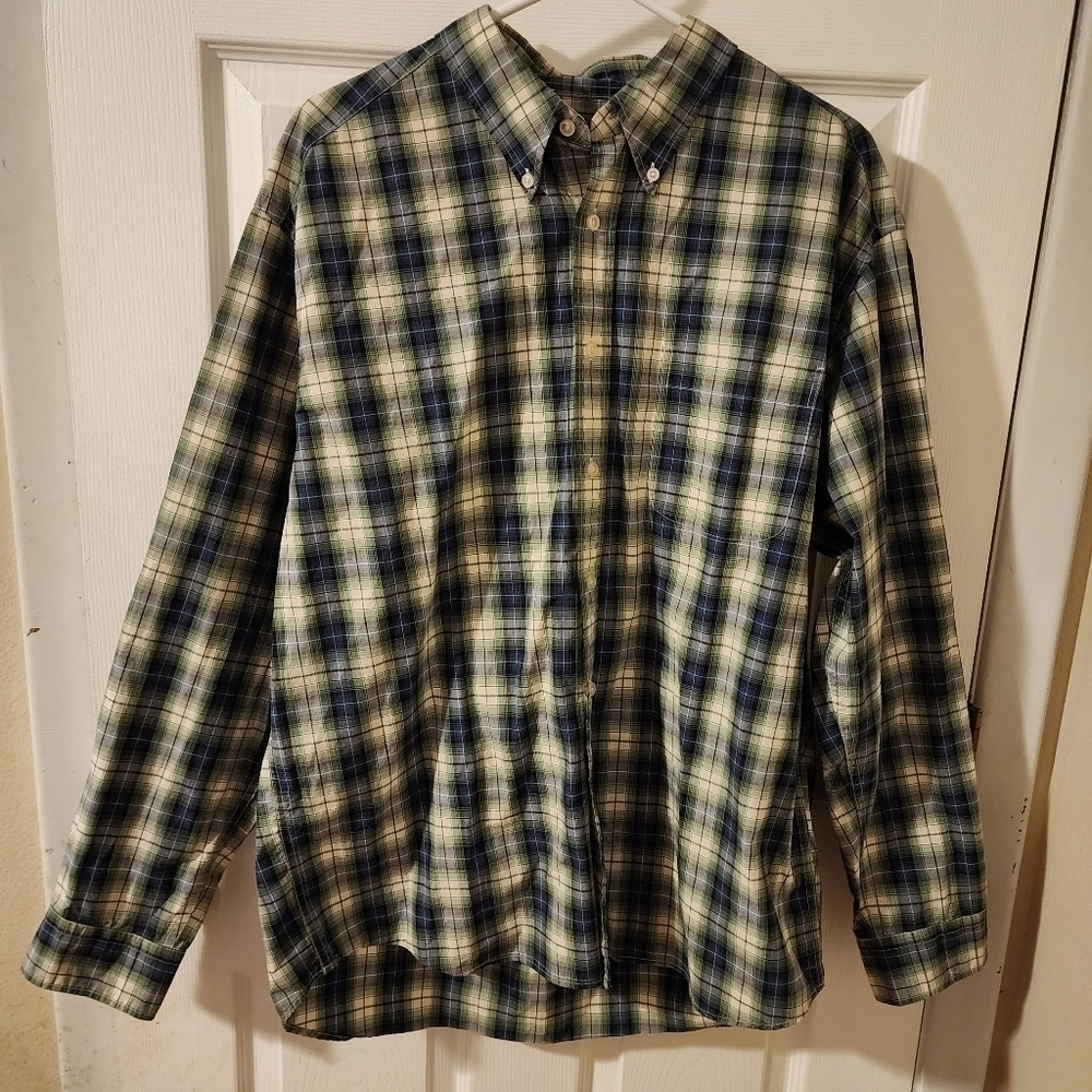 Eddie Bauer Blue Green White Button Down Shirt Men's Large L 100% Cotton EUC